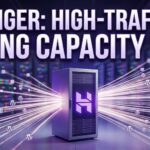 A digital dashboard overlay illustrating a massive spike in concurrent web traffic being seamlessly managed and distributed across Hostinger's LiteSpeed cloud server architecture.