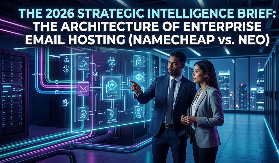 A sleek digital dashboard comparing the server infrastructure and pricing tiers of Namecheap Private Email against modern AI-integrated communication platforms.