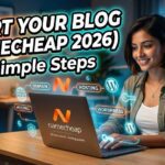 A laptop displaying the Namecheap homepage and a new WordPress blog setup dashboard.