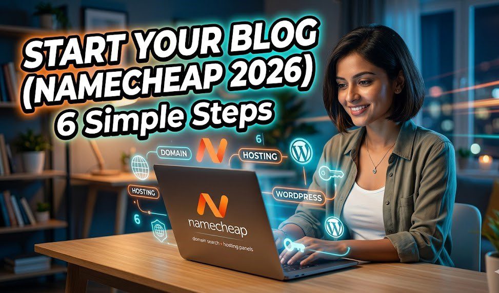 A laptop displaying the Namecheap homepage and a new WordPress blog setup dashboard.