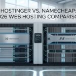 A side-by-side comparison graphic featuring the Hostinger and Namecheap logos with performance metrics.