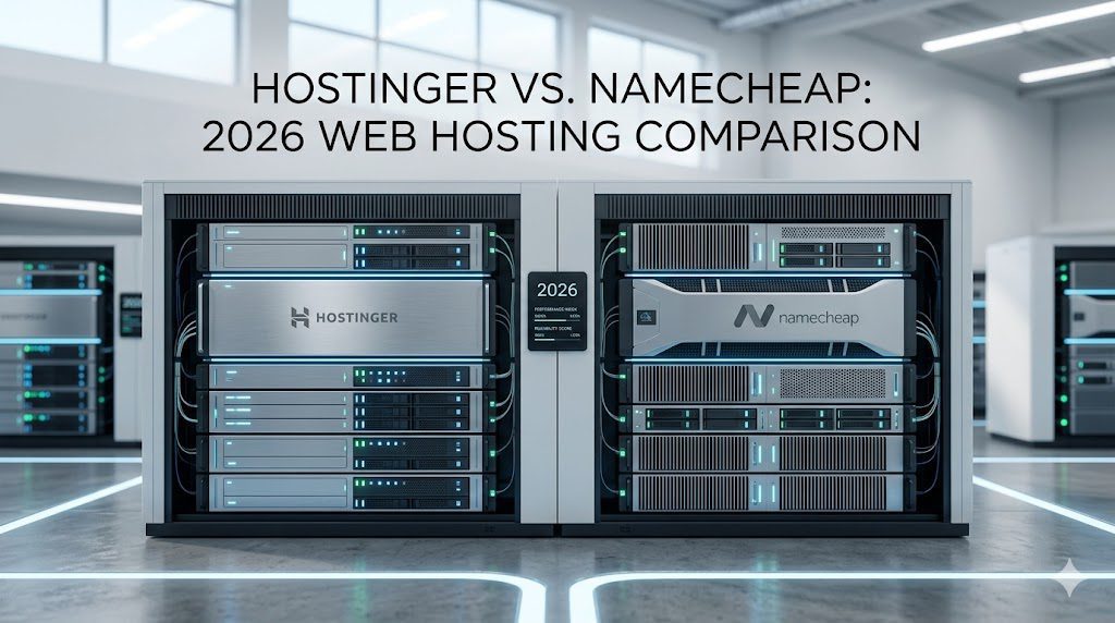 A side-by-side comparison graphic featuring the Hostinger and Namecheap logos with performance metrics.