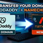 A step-by-step digital dashboard showing the domain transfer process from GoDaddy to Namecheap.