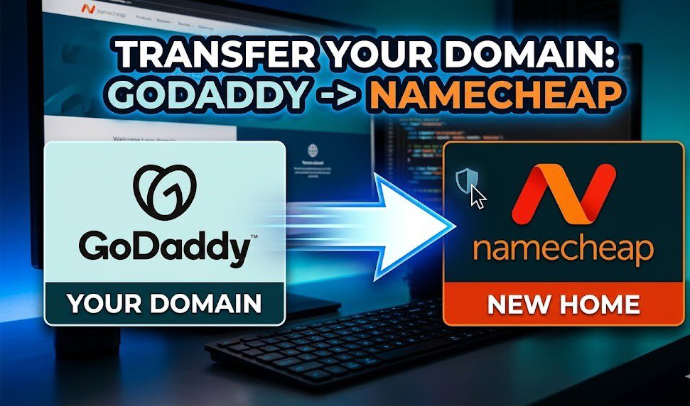 A step-by-step digital dashboard showing the domain transfer process from GoDaddy to Namecheap.
