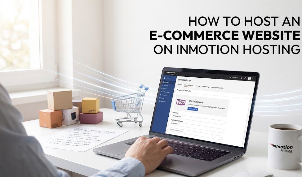 A glowing futuristic digital shopping cart hovering above a laptop keyboard, symbolizing advanced 2026 eCommerce technologies.