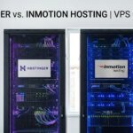 A graphical dashboard displaying performance benchmark grades comparing Hostinger and InMotion Hosting VPS servers.