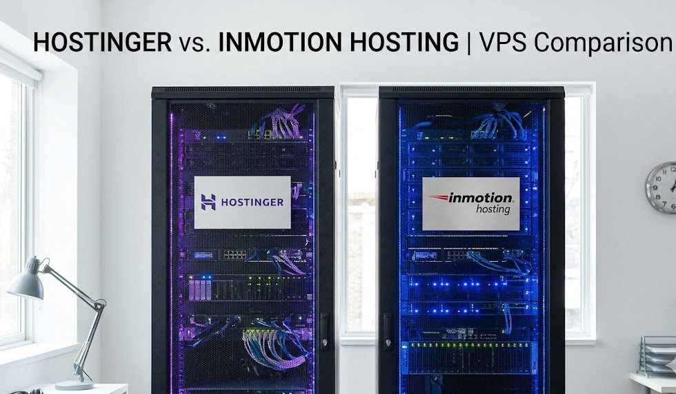 A graphical dashboard displaying performance benchmark grades comparing Hostinger and InMotion Hosting VPS servers.