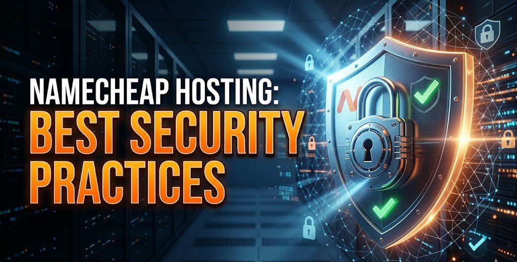 A secure padlock icon resting on a server rack next to the Namecheap logo.