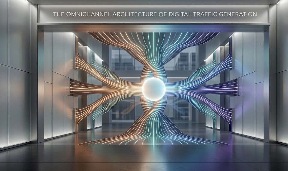 A multi-layered digital funnel infographic showing organic search, AI model citations, social media, and paid ads converging into a centralized website analytics dashboard.
