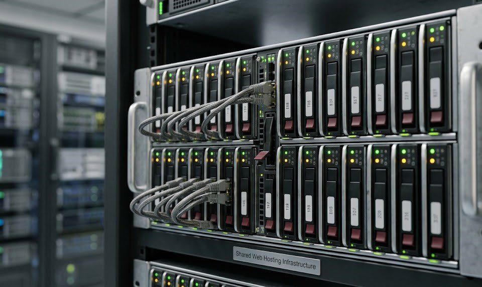 A digital schematic showing multiple illuminated nodes representing individual websites, all drawing computing power and bandwidth from a single, centralized server tower.