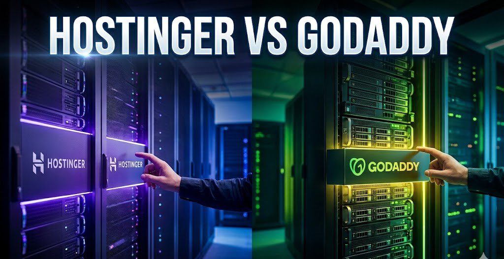 A side-by-side comparison chart showing the pricing and features of Hostinger and GoDaddy web hosting plans.