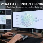 A laptop screen displaying the Hostinger Horizons AI prompt interface generating code for a new web application.