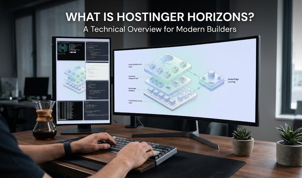 A laptop screen displaying the Hostinger Horizons AI prompt interface generating code for a new web application.